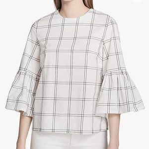 3/$20 Calvin Klein White Black Grid Windowpane Pattern Bell Ruffle Sleeve Top